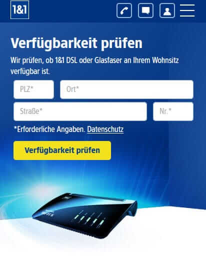 1und1 DSL Verfügbarkeit - Screenshot