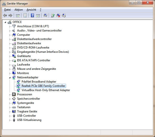 Gerätemanager unter Windows 7 mit diversen Netzwerkadaptern