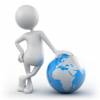  3d Man leaning on earth globe, isolated with clipping path