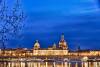Elbe river with Church of Our Lady (Frauenkirche) after sunset, Dresden, Germany