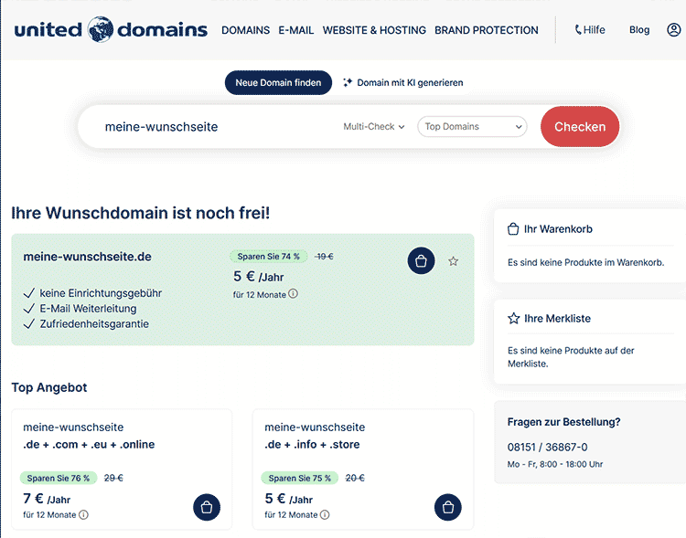Domainsuche bei united-domains.de - Screenshot