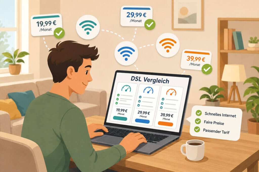 Cartoon: DSL Vergleich am Laptop