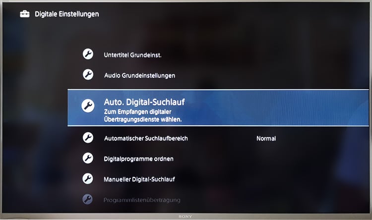 Digitaler Sendersuchlauf bei Sony Fernsehgerät