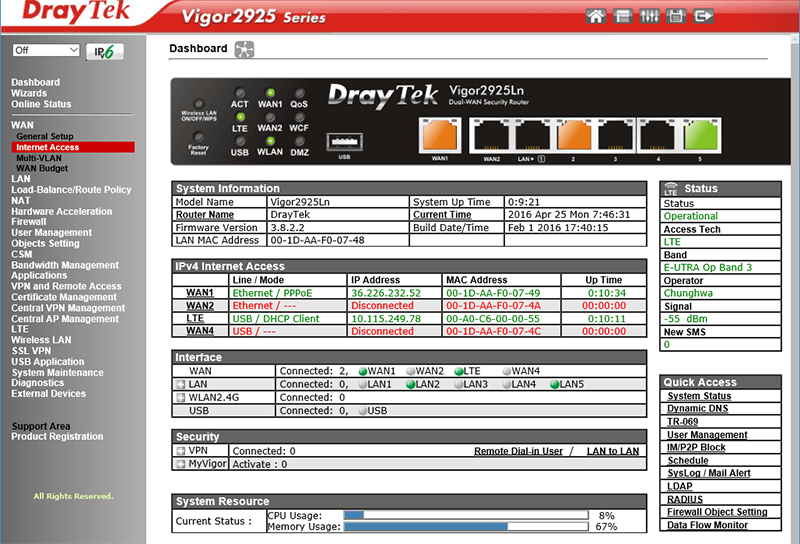 Screenshot des Draytek Routers Vigor 2925