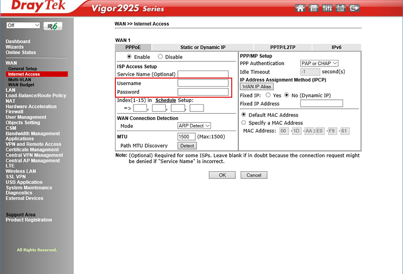 Screenshot des Draytek Routers Vigor 2925