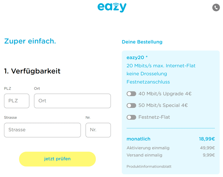 Screenshot von der eazy Verfügbarkeitsabfrage