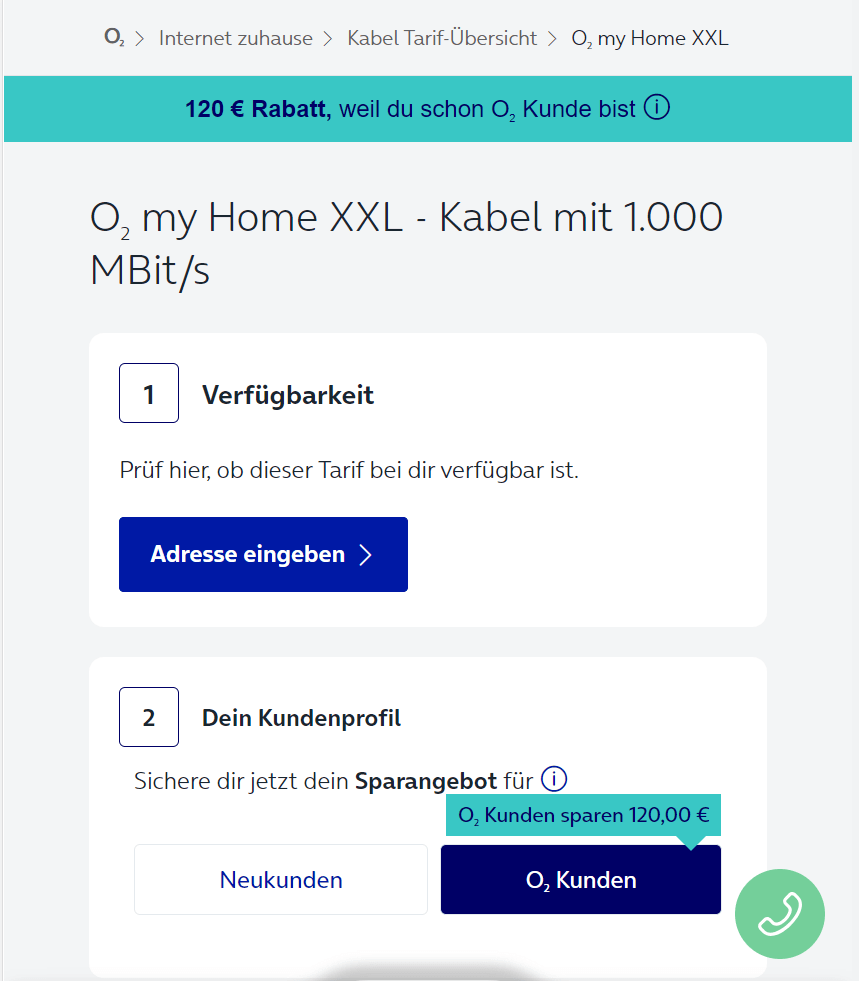 o2 Kabel Internet Verfügbarkeit - Screenshot