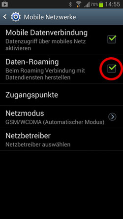 Screenshot der Roaming-Einstellungen auf Android