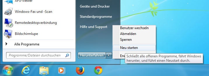 Screenshot des Neustart-Menüs bei Windows 7