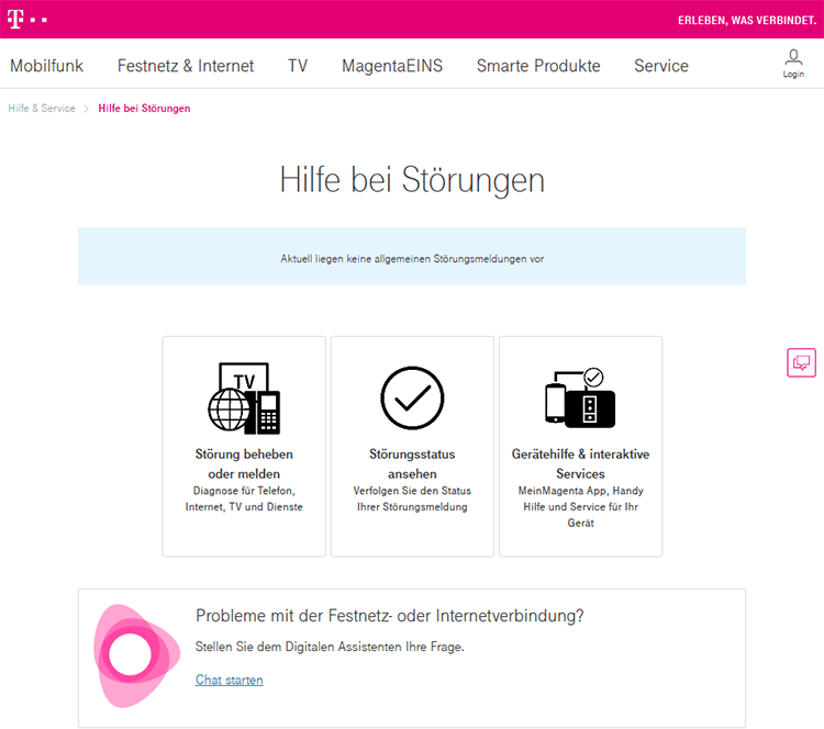 Screenshot der Störungsmeldung bei der Telekom