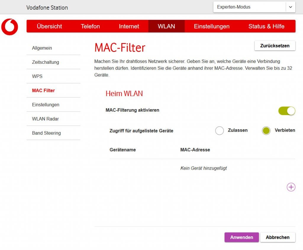 MAC-Filter bei der Vodafone Station