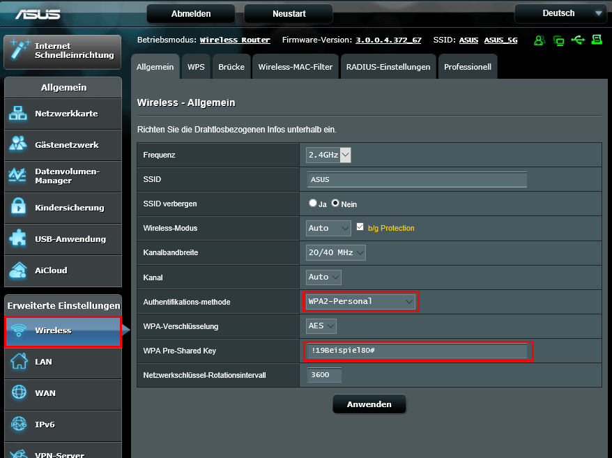 WLAN Passwort ändern bei Asus Routern